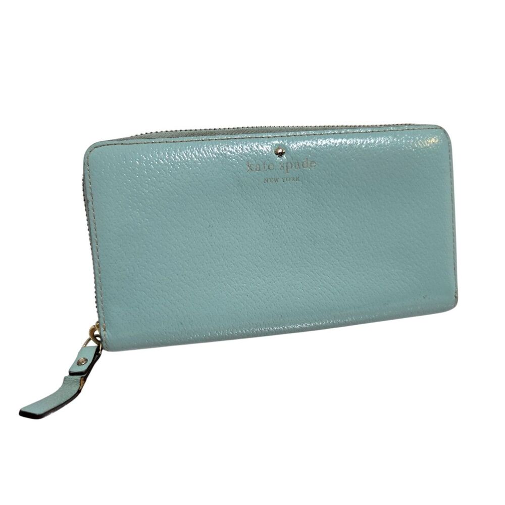 Kate Spade Spencer Zip Around Wallet Turquoise Robins egg Blue Cow Leather Gold